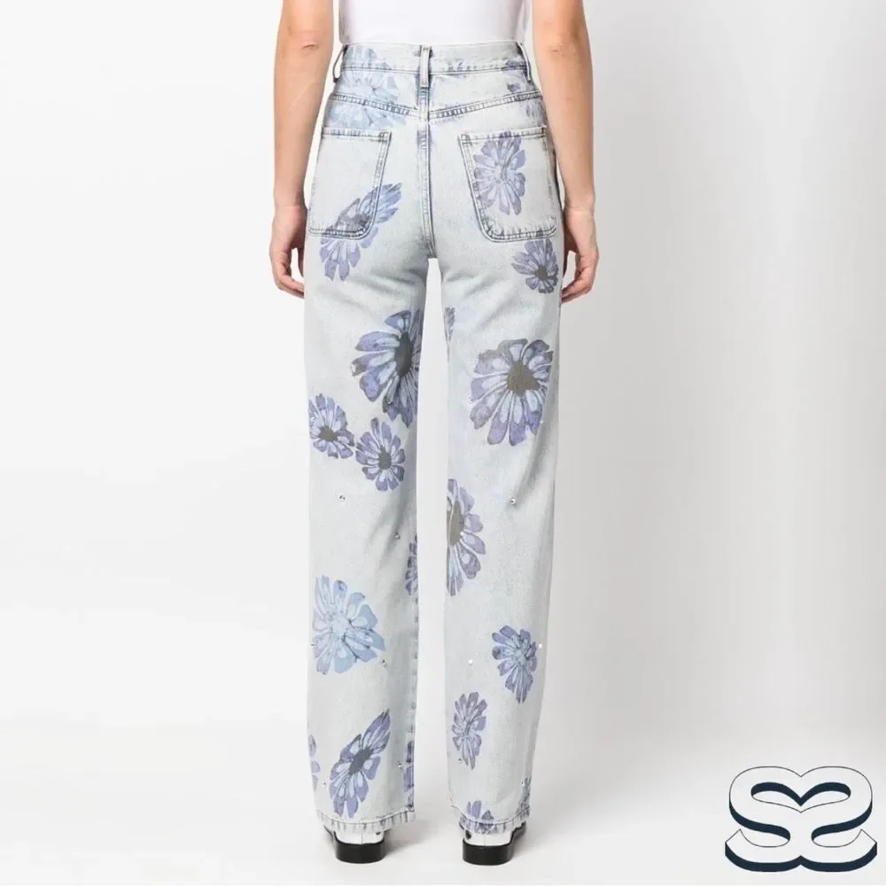Sandro **NWT** Blossom Floral Print Rhinestone Straight Jeans in Blue Je… - Picture 9 of 15